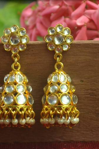 Designer kundan stone gold plated jhumka stud earrings for women