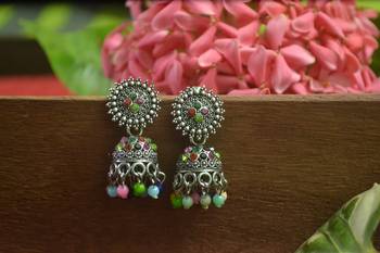 Designer small oxidised multicolour jhumka earrings for women 3