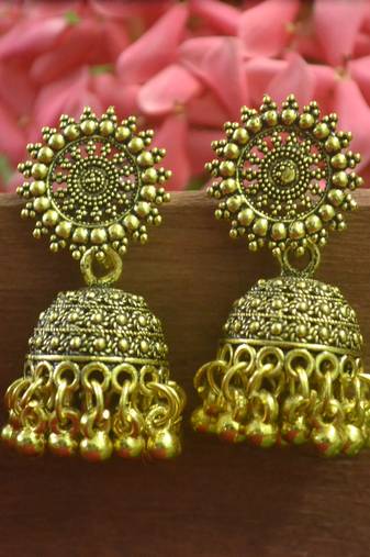Designer gold plated golden oxidised jhumka jhumki earrings for women
