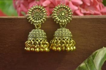Designer gold plated golden oxidised jhumka jhumki earrings for women 2