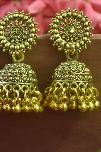 Designer gold plated golden oxidised jhumka jhumki earrings for women