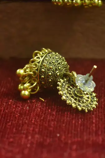 Designer gold plated golden oxidised jhumka jhumki earrings for women