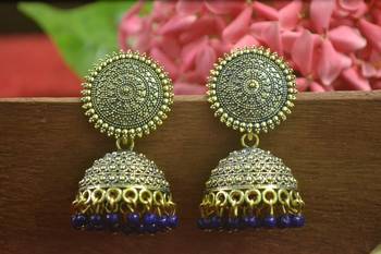 Designer blue toned oxidised jhumka stud earrings for women 1