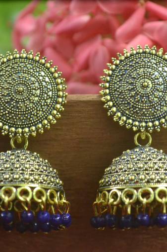 Designer blue toned oxidised jhumka stud earrings for women