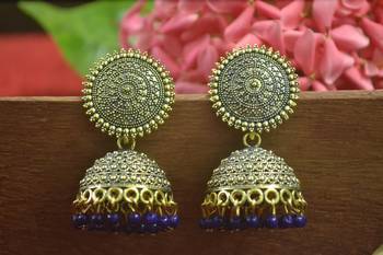 Designer blue toned oxidised jhumka stud earrings for women 2