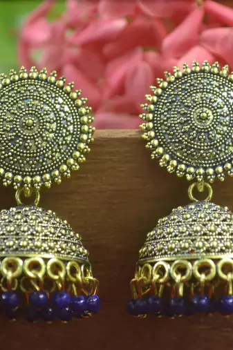 Designer blue toned oxidised jhumka stud earrings for women