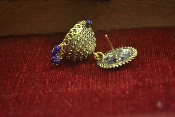 Designer blue toned oxidised jhumka stud earrings for women 4