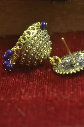 Designer blue toned oxidised jhumka stud earrings for women