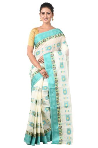 Aishani Collection Woven Embroidered Pure Cotton Tant Handloom Saree (White,Green)