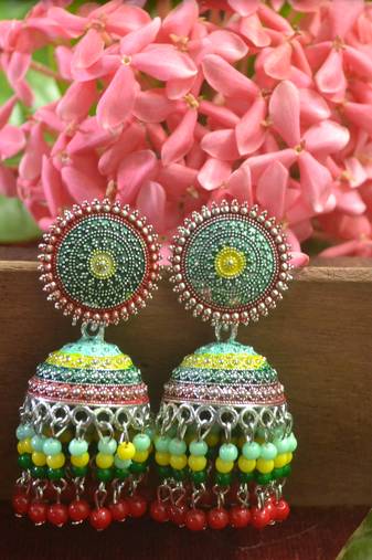 Designer multicolour meenakari beaded oxidised jhumka jhumki for women