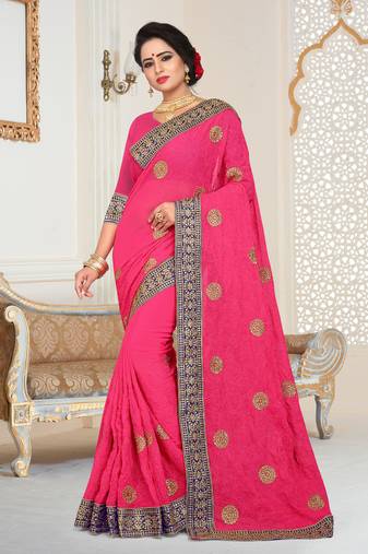Pink Heavy Zari Resham Embroidery Georgette Saree