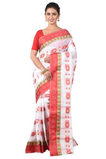 Aishani Collection Woven Embroidery Pure Cotton Handloom Saree (Red, White)