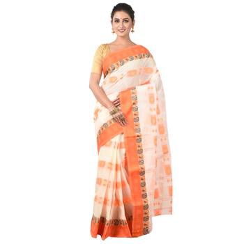 Aishani Collection Woven Embroidery Pure Cotton Handloom Saree (White, Orange) 1