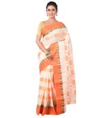 Aishani Collection Woven Embroidery Pure Cotton Handloom Saree (White, Orange)