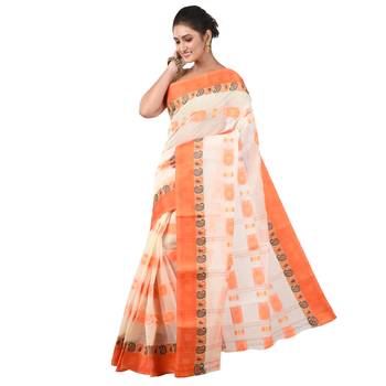 Aishani Collection Woven Embroidery Pure Cotton Handloom Saree (White, Orange) 2
