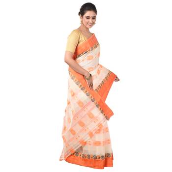 Aishani Collection Woven Embroidery Pure Cotton Handloom Saree (White, Orange) 3