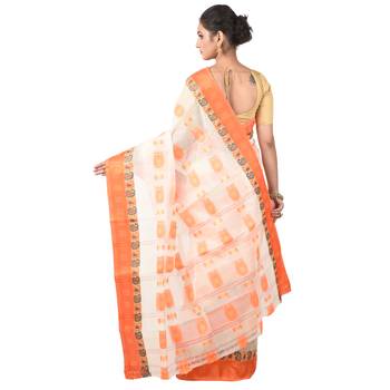 Aishani Collection Woven Embroidery Pure Cotton Handloom Saree (White, Orange) 4