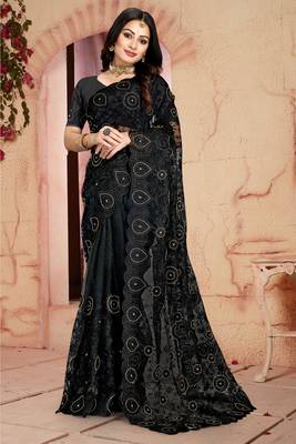 Women'S Black Zari Resham Embroidered Net Party Wear Saree With Blouse Piece 1