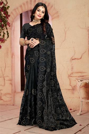 Women'S Black Zari Resham Embroidered Net Party Wear Saree With Blouse Piece