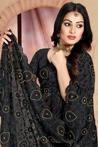 Women'S Black Zari Resham Embroidered Net Party Wear Saree With Blouse Piece
