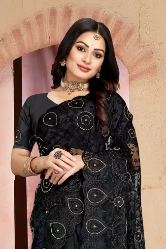 Women'S Black Zari Resham Embroidered Net Party Wear Saree With Blouse Piece
