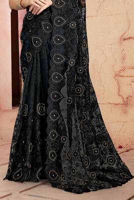 Women'S Black Zari Resham Embroidered Net Party Wear Saree With Blouse Piece 4