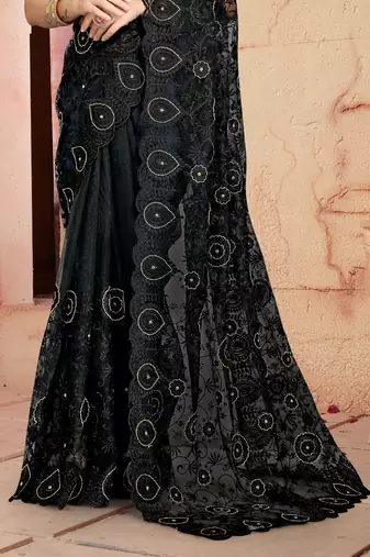 Women'S Black Zari Resham Embroidered Net Party Wear Saree With Blouse Piece