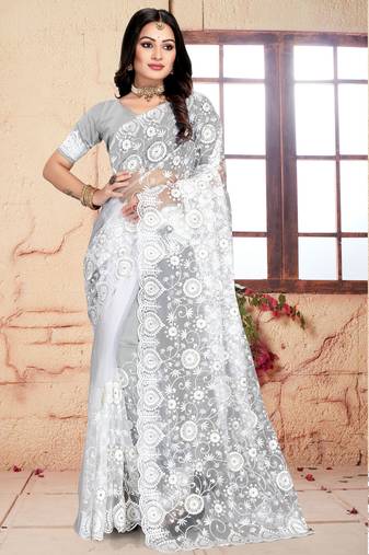 Women'S White Zari Resham Embroidered Net Party Wear Saree With Blouse Piece