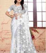 Women'S White Zari Resham Embroidered Net Party Wear Saree With Blouse Piece