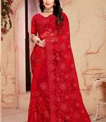 Women's red zari resham embroidered net party wear saree with blouse piece