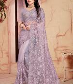 Women'S Lavender Zari Resham Embroidered Net Party Wear Saree With Blouse Piece