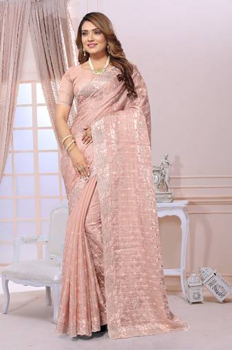 Women'S Peach Zari Resham Organza Silk Party Wear Wedding Saree With Blouse Piece