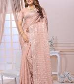 Women'S Peach Zari Resham Organza Silk Party Wear Wedding Saree With Blouse Piece