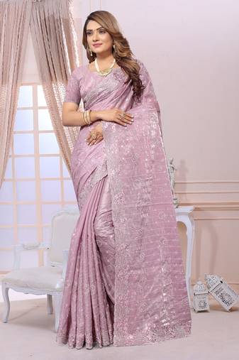 Women'S Lavender Zari Resham Organza Silk Party Wear Wedding Saree With Blouse Piece