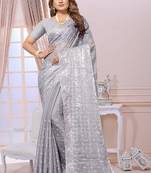 Women'S Grey Zari Resham Organza Silk Party Wear Wedding Saree Sari With Blouse Piece