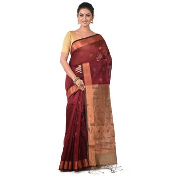 Aishani Collection Woven Cotton Silk Handloom Saree with bp (Maroon,Gold) 1