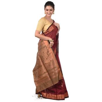 Aishani Collection Woven Cotton Silk Handloom Saree with bp (Maroon,Gold) 2