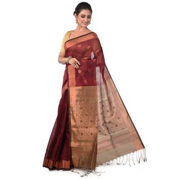 Aishani Collection Woven Cotton Silk Handloom Saree with bp (Maroon,Gold) 3