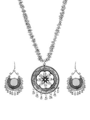 Oxidised Silver Mirror Stud Long Necklace Set 4