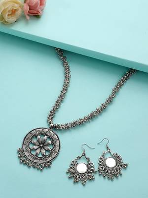 Oxidised Silver Mirror Stud Long Necklace Set 5