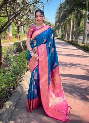 Blue Soft Silk Contrast Gold Zari Woven Saree 1