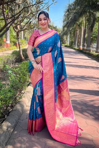 Blue Soft Silk Contrast Gold Zari Woven Saree