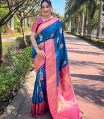 Blue Soft Silk Contrast Gold Zari Woven Saree