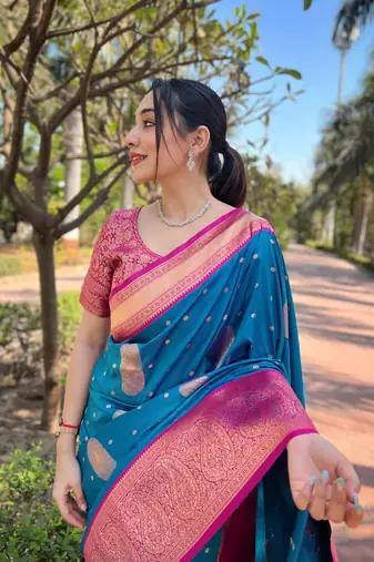 Blue Soft Silk Contrast Gold Zari Woven Saree