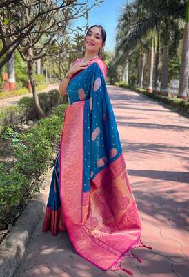 Blue Soft Silk Contrast Gold Zari Woven Saree 3