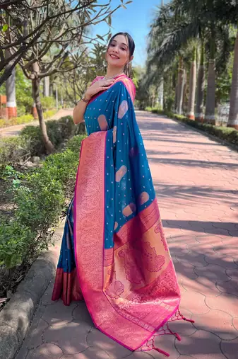 Blue Soft Silk Contrast Gold Zari Woven Saree