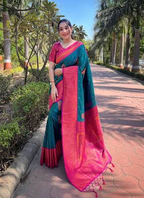 Bottle Green Soft Silk Contrast Gold Zari Woven Saree 1
