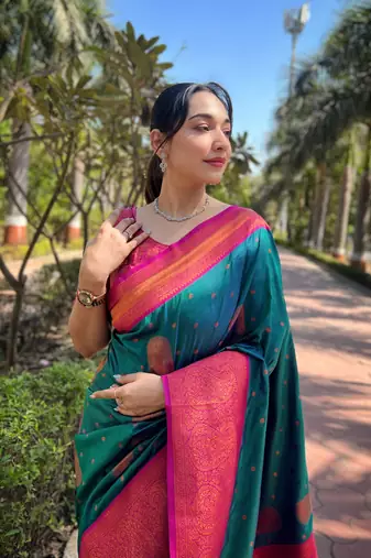 Bottle Green Soft Silk Contrast Gold Zari Woven Saree