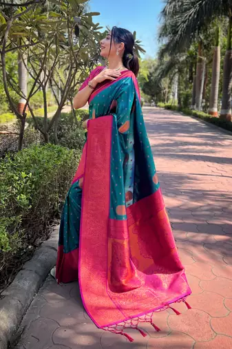 Bottle Green Soft Silk Contrast Gold Zari Woven Saree