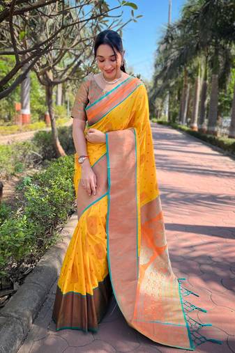 Yellow Soft Silk Contrast Gold Zari Woven Saree